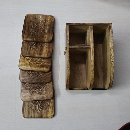 Image of Wooden Coaster Set with Cutlery and Tissue Holder, Kitchen Counter Organizer, Multipurpose Storage Solution