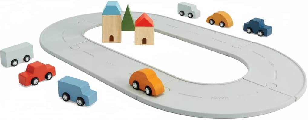 PlanToys Rubber Road & Rail Set Small with Mini Car Set | Eco-Friendly Wooden Cars & Flexible Track Playset | Montessori Pretend Play Transportation Toys for Kids