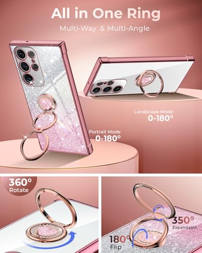 Image of XYZ for Samsung Galaxy S23 Ultra Case with Stand, Galaxy S23 Ultra Case with Double Ring, Women Girls Bling Luxury Glitter Clear Phone Case Cover Heart for Samsung Galaxy S23 Ultra, Rose Gold