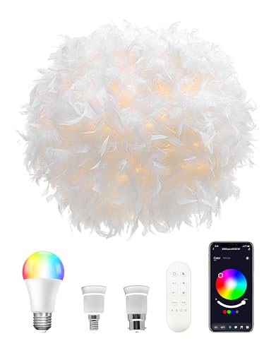 Feather Light Shade with Smart RGB Light Bulb Remote & APP Control Fluffy Girl Room Decor 1 000 Lumens 15W 2 700K to 6 500K 40cm White