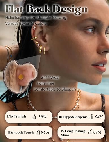 CASSIECA Small Gold Hoop Stud Earrings for Women - Hypoallergenic 14K Gold Cartilage Earring Stack Set Surgical Stud Earrings Dainty Hoop Earring Sets for Multiple Piercing 20G2