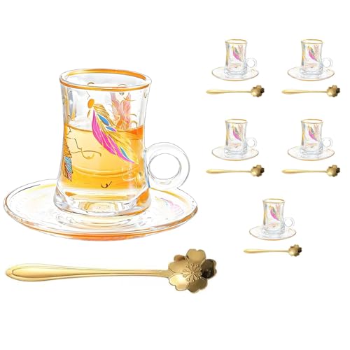QINFRAGR Elegant Moroccan-Style Turkish Tea Set - 6 Hand-Painted Feather Teacups, Saucers & Spoons, Lightweight Glass for Afternoon Tea, Gifts for Tea Lovers (Colorful, Traditional Design)