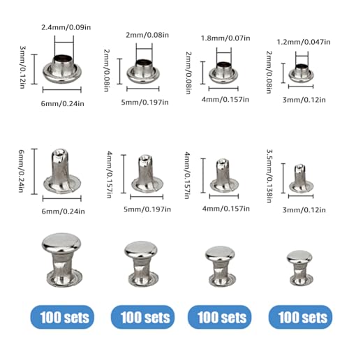 SUPERFINDINGS 400 works 4 Sizes Leather Rivets 3/4/5/6mm Double Cap Rivets Tubular Metal Studs Bags Shoes Belts Decoration Collision Rivets for DIY Leather Craft Repairs Decoration - Image 2
