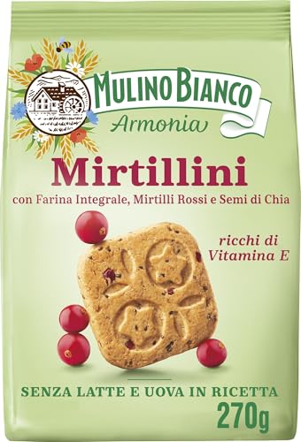 Mulino Bianco Arándanos, galletas de panecillo con harina integral, arándanos y semillas de chía, ricas en vitamina E, sin leche ni huevos en receta, paquete de 270 g