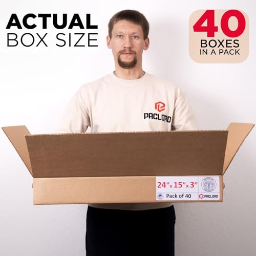 Image of Flat Cardboard Boxes 24 inchL x 15 inchW x 3 inchH (Pack of 40) - USA-Made Packing Boxes for Moving, Shipping, or Storage - USPS, UPS, FedEx Approved - Professional Packing Supplies for Moving