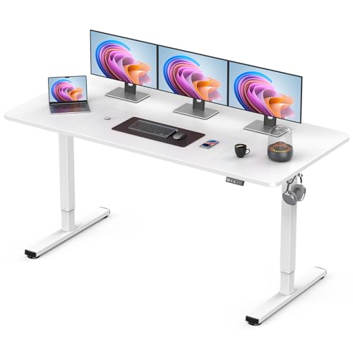 Xyndyx 63 Electric Standing Desk Adjustable Height Sit Stand up Desk for Home Office & Computer Workstation 2 Memory Height Settings Splice Board 2 Hooks White Frame/White Top