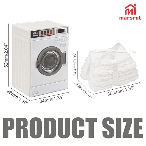 Miniature Washing Machine Dollhouse 1/24 Scale & Miniature Towel Set 1/12 Scale, Openable Lid Washer Dryer, Mini Laundry Appliance Model, White Mini Towels, Bathroom Furniture Decoration Accessories