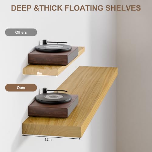 Image of 48-Inch Floating Shelves, Set of 3 Wall Mounted Storage Ledges, 12-Inch Deep Extra-Thick Solid Paulownia Wood Shelving for Kitchen, Living Room, Bedroom & Bathroom, Natural Clear Finish