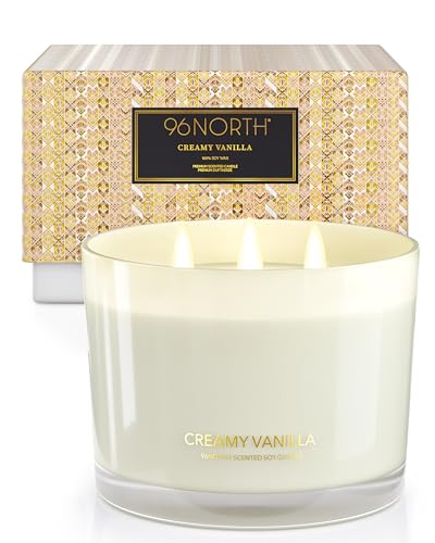 Image of 96NORTH Creamy Vanilla Scented Candles | Large 3 Wick Jar Candle | Up to 40 Hours Burning Time | 100% Natural Soy Wax | Relaxing Scented Candle for Home | Gift-Ready Luxury Candle for Men & Women