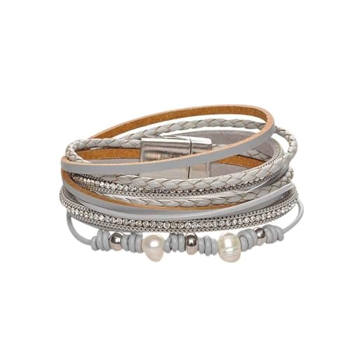 Bracelet en cuir femme double anneau avec perles grises et boucle aimantée vintage