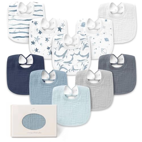 Image of Konssy 10-Pack Muslin Baby Bibs, Soft Cotton Bandana Bibs for Drooling & Teething, Unisex Solid Colors for Boys & Girls, Newborn & Infant