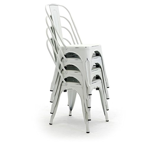 Belleze Metal Dining Chairs Set Of 4, Stackable Metal Chairs Industrial Vintage Farmhouse Chairs With Detachable Backrest, Weather Resistant Tolix Chair For Indoor Outdoor - Alexander (Antique White) #TOP5
