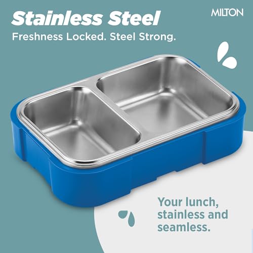 Image of Milton Bravo 2 Inner Stainless Steel Tiffin Box for School, 2 Partition, Steam Release Plug | PU Insulated, Leak-Proof, Food Grade I Lunch Box for Kids Boys, Girls with Snap Lock Lid, 650 ml,Dark Blue
