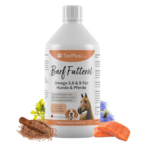 TierPlus Barf Futteröl für Hunde & Pferde 1000ml Barföl mit Omega 3-6-9 aus Lachsöl Rapsöl Leinöl & Schwarzkümmelöl - Futteröl für Hund & Pferd DHA & EPA Futterzusatz