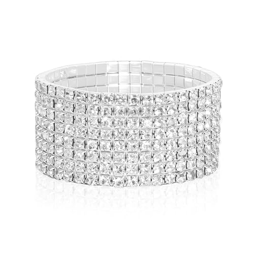 Avxzbef 1Pcs 8 Rows Stretch Rhinestone Bracelet for Women Sparkling Silver Rhinestone Bracelets Bridal Wedding Jewelry for Wedding Party, One Size, Rhinestone, no gemstone