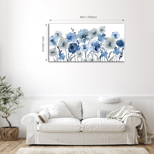 Image of VEAEE Flowers Canvas Wall Art - Indigo Floral Canvas Pictures Living Room Wall Decor Botanical Canvas Prints Painting Abstract Artwork Bedroom Office Home Decor 20 inchx 40 inch
