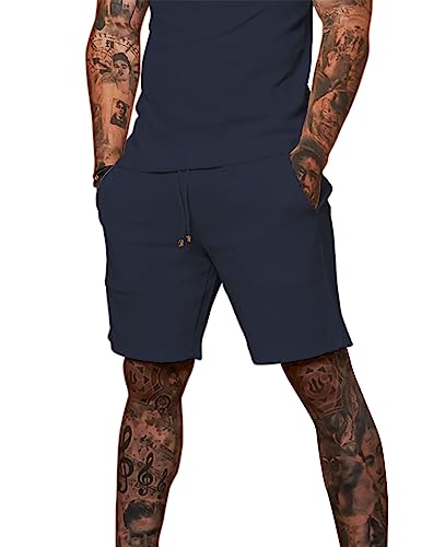 Short de survêtement décontracté pour homme bleu marine en tissu gaufré