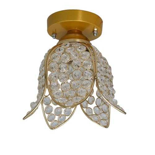 Image of Homesake Gold Metal Lotus Crystal Flush Mount Ceiling Light for Hallway, Bedroom, Living Room, Foyer & Balcony, Crystal Ceiling Lamp, Fixture Ceiling Light, Decorative Chandelier Light for Home Decor