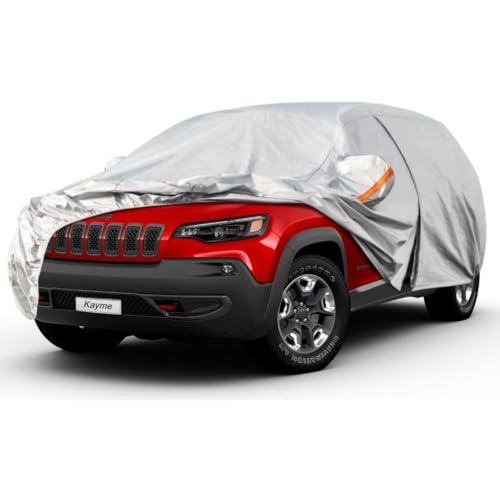 Kayme SUV Car Cover Fit for Jeep Cherokee (1974-2025) Automobiles All Weather Waterproof, Outdoor Cover Sun Rain Protection, with Lock and Zipper Door.Silver Silver Custom Fit Jeep Cherokee