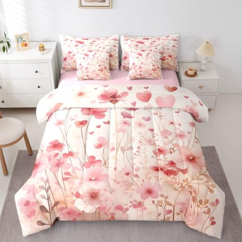 Image of Erosebridal Poppy Flowers 7 Pieces Bedding Set Pink Valentine Twin Comforter Set for Girls Kids Romantic Love Heart Shaped Bed in A Bag with Flat and Fitted Sheet Spring Floral Bed Set