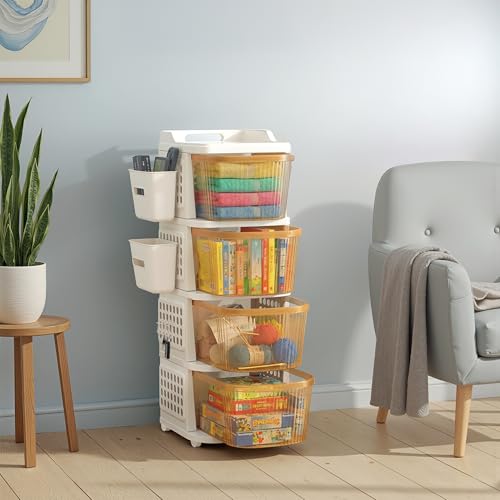 Kuber Industries 4 Tier Plastic Storage Drawer Cabinet with Side Basket/Hooks/Integrated Handle & Smooth Wheels | Modular System Rack for Storage in Home | Ivory & Golden