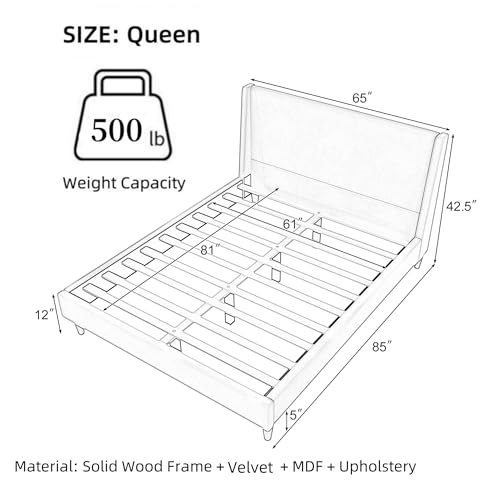 Image of Merax Solid Wood Queen Size Velvet Bed Frame with Wingback Headboard, Modern Upholstered Platform with Walnut Wooden Legs, Strong Wooden Slats, No Box Spring Needed, Easy Assembly, Noise-Free, Beige