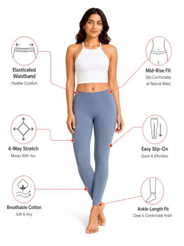 Image of Women's Cotton Lycra Ankle Length Leggings | Regular Rise, Soft 4 Way Stretch Fabric | Casual & Ethnic Wear