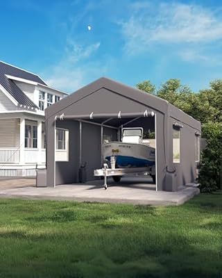 Hipicute 12'x20'x11' Heavy-Duty Portable Garage with Canopy Top, Front and Back Doors, Roll-Up Windows, Carport Shelter Reinforced Structure for Cars, Trucks, Boats, and Parties - Gray