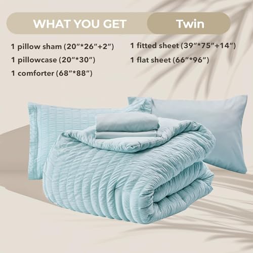 Image of HYMOKEGE Lake Blue Twin Comforter Set Seersucker 5 Pieces, All Season Luxury Bed in a Bag for Bedroom, Bedding Set with Comforters, Sheets, Pillowcase & Shams