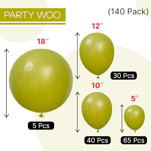 Image of PartyWoo Sage Green Balloons 140pcs Different Sizes Pack of 18 12 10 5 Inch Olive Eucalyptus Dusty Green Boho Neutral Balloon Arch Kit for Baby Shower Woodland Birthday Party Decorations Green-F06