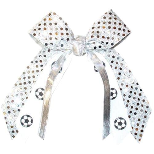 Soccer Sequin Hair Bow, Made in the USA, White Pony Band, many colors (Metallic Silver)