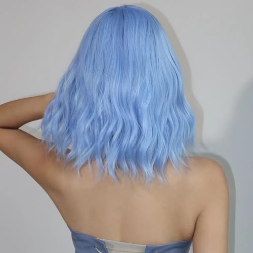 Image of Pastel Light Blue Wavy Bob Wig for Women, Short Shoulder Length Synthetic Wig with Bangs, Matte Natural Realistic Look Lightweight Hairpiece, Light Blue Color for Daily Wear & Cosplay Costume