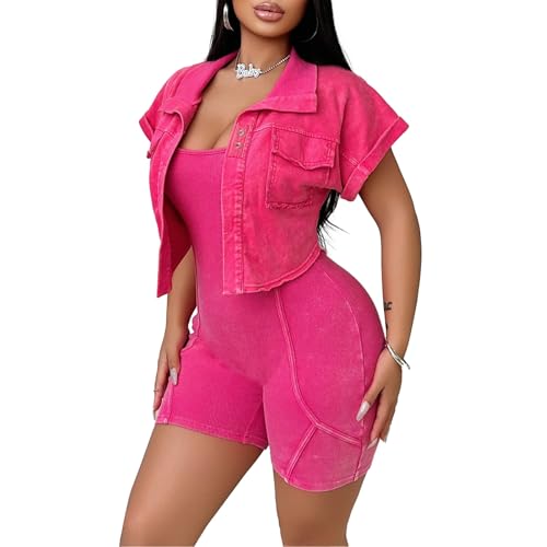 PUXOBYKU Women's Workout Jumpsuits Two Piece Ribbed Square Neck Yoga Romper Short Sexy Bodycon Bodysuits Summer Outfits (Rose,XL)