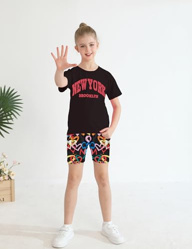 Image of mksodop Girls Summer Clothse Graphic Letter Print Front and Back High and Low Irregular T-shirt + Cycling Shorts Set