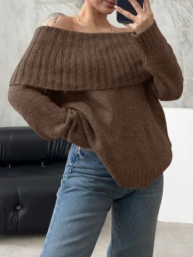 Image of Saodimallsu Womens Off The Shoulder Sweaters Oversized Long Sleeve Loose Ribbed Knit Fall Trendy Pullover Tops
