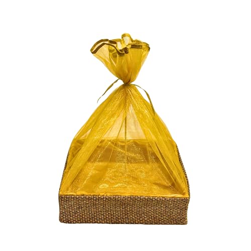 Image of (Set of 3-8 inch,10 inch,12 inch inch, Square, Brown-Jute) MDF Base Designer Gift Hamper Packaging Baskets with Net Cover, Gift Hamper Organiser perfect for any occasion