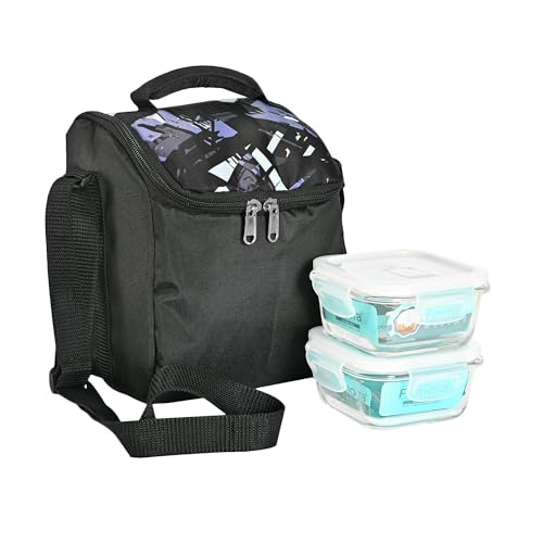 Image of Femora Borosilicate Glass Container Lunch Box with Bag for Office, School, Black, Square, 300 ML (2 Container+ 1 Bag)