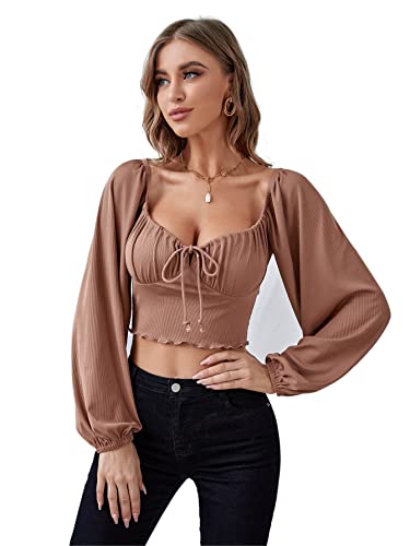 Adicloz Blusas de Mujer Elegantes Manga Larga Manga de Soplo, Camisas Mujer Sexy Pequeño Diseño de Volantes, Crop Top Mujer Manga Larga Vintage para Primavera y Otoño Cover