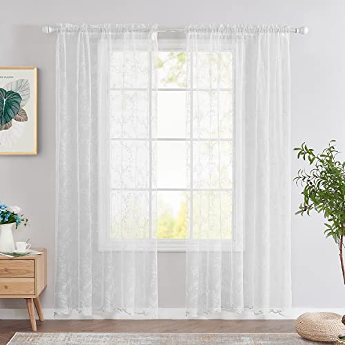 Topick White Sheer Curtains Embroidered Floral Window Drapes For Living Room Bedroom 84 Inch Length Country Scalloped Voile Mesh Light Diffusing Off-White Tulle Curtain Set Of 2 Panels Rod Pocket #TOP1