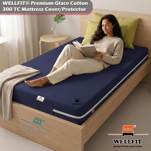 Image of WELLFIT Cotton Mattress Cover /Protector Premium Stripe Pattern Cotton Mattress Cover for Single Size Bed with Zip /Chain / 3x6 ft / 36x72x6 inch /Blue