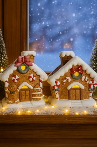 Khevga - Decoración navideña de casa de jengibre de terracota con temporizador LED, juego de 2