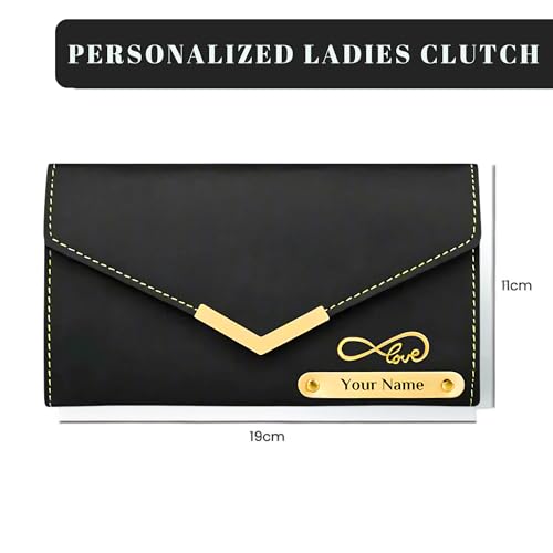Image of Personalized Leather Clutch for Women | Custom Name & Charm | 3-Fold Ladies Wallet | Stylish Purse Gift for Girlfriend, Wife, Mother & Sister | Multi-Compartment Wallet (Black)