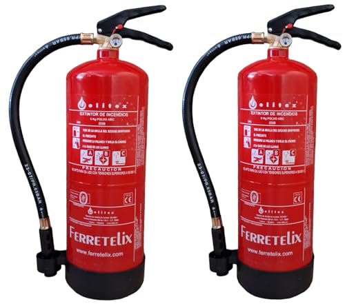 FERRETELIX® Lot de 2 Extincteurs Poudre ABC 6 kg – Haute Efficacité 34A 233B – Fabriqués en Espagne – Année de Fabrication 2026 – Sécurité Fiable