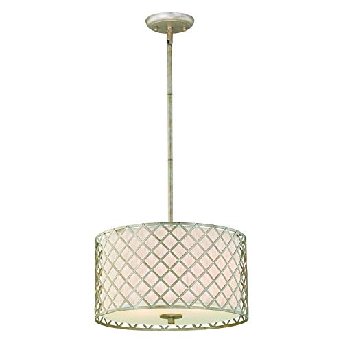 VAXCEL Mid Century Modern Chandelier - Silver Cage Pendant Light, Round Fabric Drum Light Fixture with Glass Diffuser Ideal for Kitchen Island Lighting and Dining Rooms