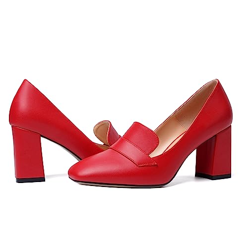 Image of MODENCOCO Womens Sexy Formal Matte Slip On Square Toe Work Block High Heel Loafers Shoes 3.5 Inch