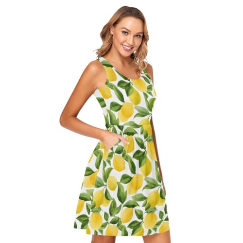 Image of ALAZA Watercolor Lemon Leaves Women's Summer Dress Sun Dress Sleeveless with Pockets L
