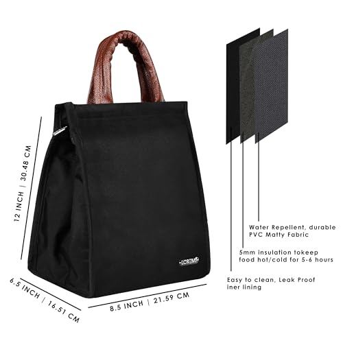 Image of LOREM Faux Leather Black Color Insulated Lunch Tote with Handle, Waterproof Reusable Lunch Bag for School, Office, Camping, Outdoor Activities (Blue), 8.5 Litre