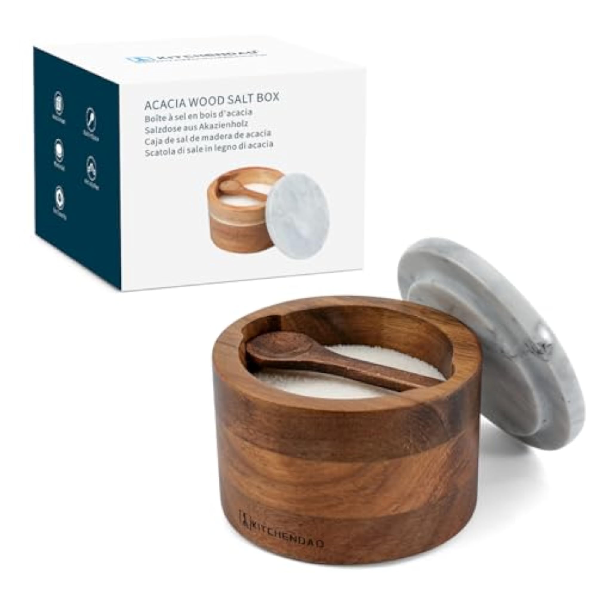 Acacia Salt Cellar Box with Built-in Spoon and Marble Lid