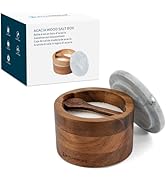 KITCHENDAO Acacia Salt Cellar Box Bowl with Built-in Spoon and Marble Lid, Solid Natural Acacia W...