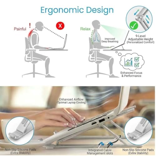 Image of ALS05 Ergonomic Foldable Laptop Stand with Integrated Phone Holder & Accessories Storage Tray - 6-Angle Adjustable Wooden Accent Notebook Riser for Desk (10-17 inch Laptops)